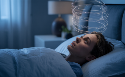 Grübeln stoppen: Person mit kreisenden Gedanken im Kopf nachts im Bett