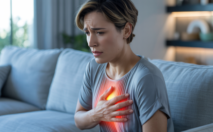 Herzrasen durch Stress. Person mit Herzrasen durch Stress hält sich besorgt die Brust in ruhiger Umgebung