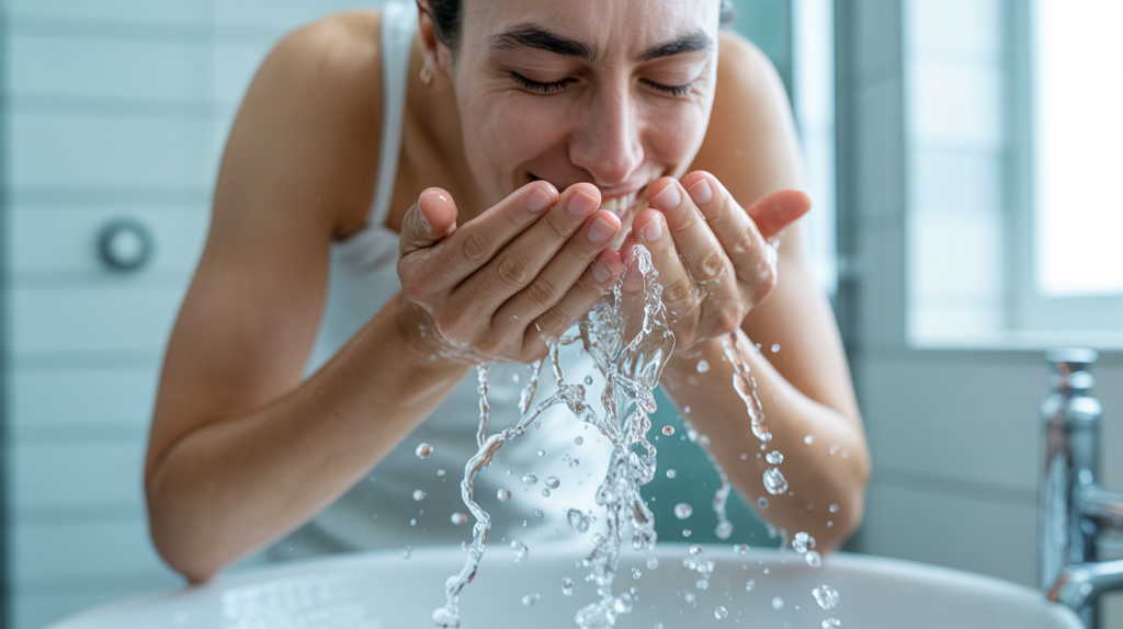 Stress abbauen: person wäscht sich gesicht mit kaltem wasser zur sofortigen stressreduktion