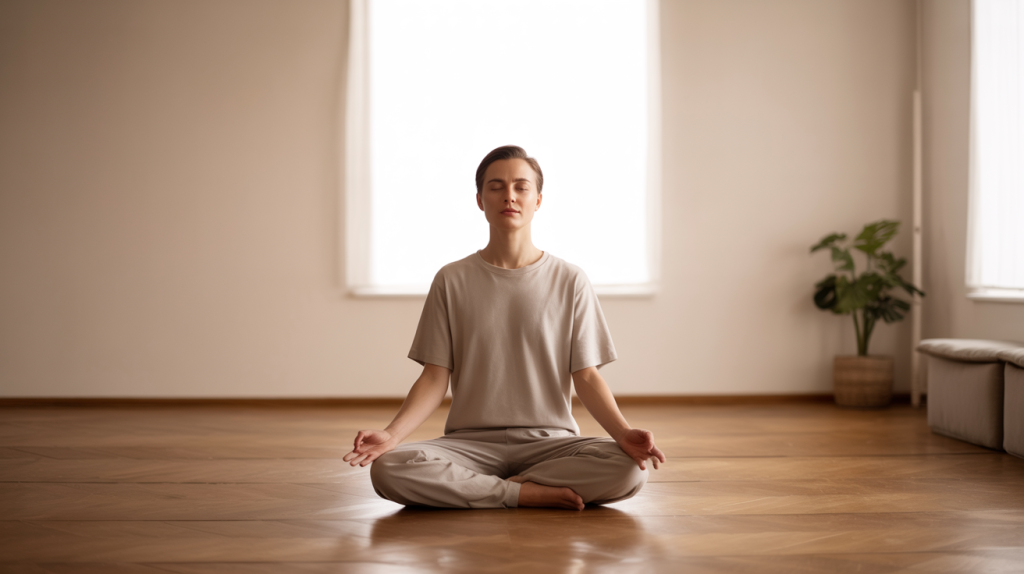 Stress abbauen. person meditiert ruhig im raum zur entspannung und regulierung des nervensystems