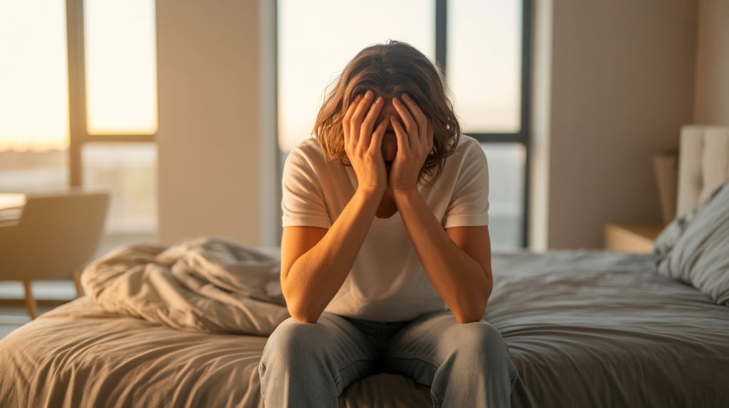 Morgendlicher Stress nach dem Aufwachen. Person sitzt morgens gestresst im Bett nach dem Aufwachen in einem hellen Schlafzimmer