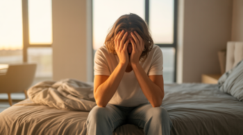 Morgendlicher Stress nach dem Aufwachen. Person sitzt morgens gestresst im Bett nach dem Aufwachen in einem hellen Schlafzimmer