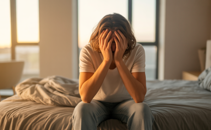 Morgendlicher Stress nach dem Aufwachen. Person sitzt morgens gestresst im Bett nach dem Aufwachen in einem hellen Schlafzimmer