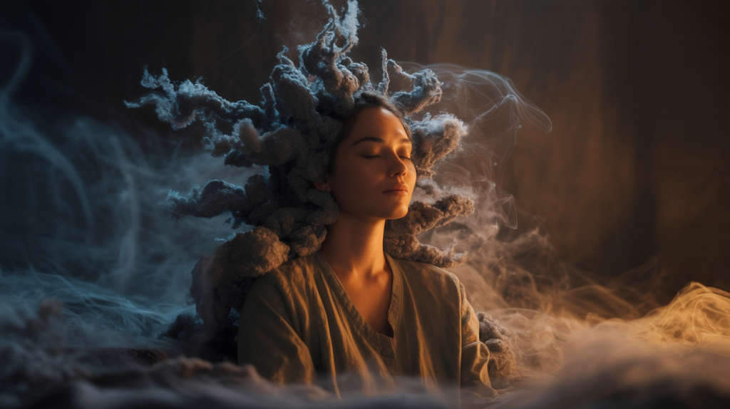 Negative Gedanken stoppen: Person sitzt ruhig mit geschlossenen Augen, während sich dunkle, chaotische Gedanken in warmes Licht auflösen – Symbol für innere Ruhe und mentale Kontrolle