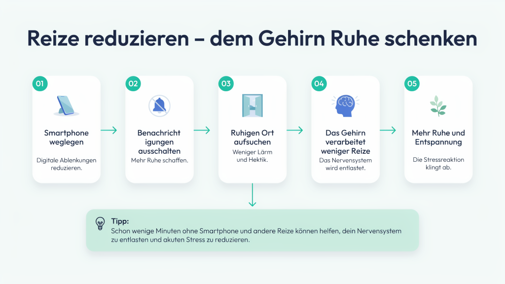 Infografik zeigt, wie das Reduzieren von Reizen bei akutem Stress hilft. Smartphone weglegen, Benachrichtigungen ausschalten und eine ruhige Umgebung entlasten das Gehirn und fördern die Entspannung.