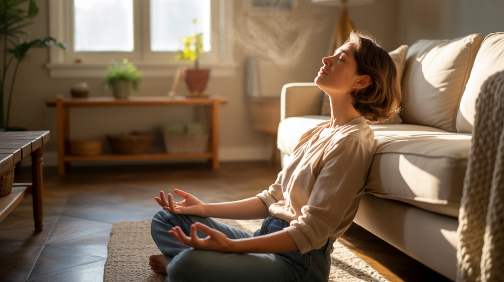 Runterkommen bei Stress. Person sitzt entspannt am Boden, lehnt an einem Sofa und atmet tief durch, um Stress abzubauen und innerlich zur Ruhe zu kommen