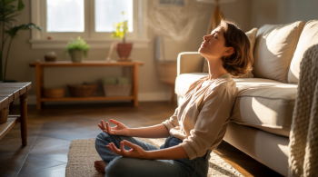 Runterkommen bei Stress. Person sitzt entspannt am Boden, lehnt an einem Sofa und atmet tief durch, um Stress abzubauen und innerlich zur Ruhe zu kommen