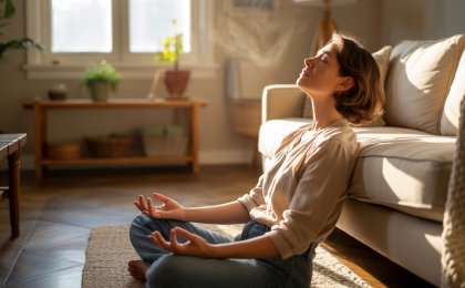 Runterkommen bei Stress. Person sitzt entspannt am Boden, lehnt an einem Sofa und atmet tief durch, um Stress abzubauen und innerlich zur Ruhe zu kommen