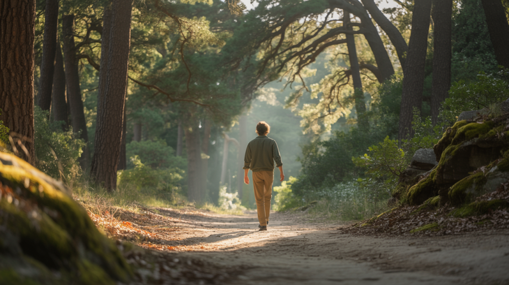 Stress abbauen. person geht entspannt spazieren in der natur um stress abzubauen