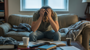 Stress abbauen: gestresste person im alltag sitzt erschöpft auf sofa und hält sich den kopf