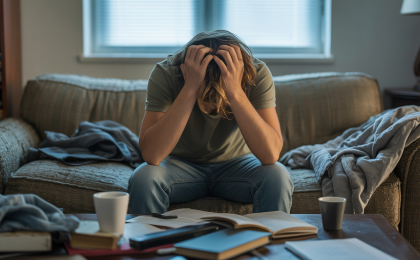 Stress abbauen: gestresste person im alltag sitzt erschöpft auf sofa und hält sich den kopf