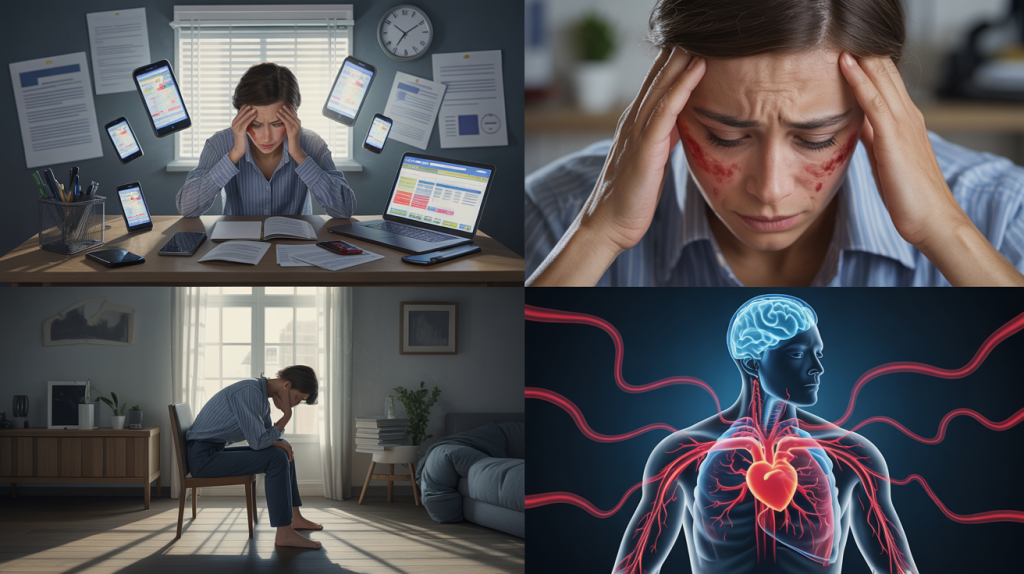 Stress einfach erklärt. Realistische Darstellung von Stress: überforderte Person im Alltag, sichtbare Symptome wie Erschöpfung und Anspannung, soziale Isolation sowie halbtransparente Ansicht des Körpers mit aktiviertem Gehirn, schnell schlagendem Herzen und angespannten Muskeln