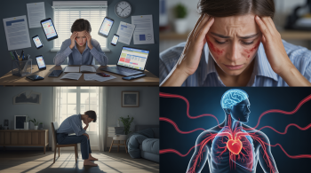 Stress einfach erklärt. Realistische Darstellung von Stress: überforderte Person im Alltag, sichtbare Symptome wie Erschöpfung und Anspannung, soziale Isolation sowie halbtransparente Ansicht des Körpers mit aktiviertem Gehirn, schnell schlagendem Herzen und angespannten Muskeln