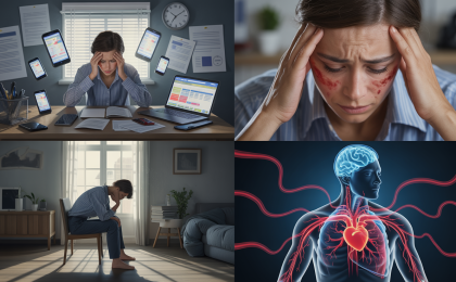 Stress einfach erklärt. Realistische Darstellung von Stress: überforderte Person im Alltag, sichtbare Symptome wie Erschöpfung und Anspannung, soziale Isolation sowie halbtransparente Ansicht des Körpers mit aktiviertem Gehirn, schnell schlagendem Herzen und angespannten Muskeln