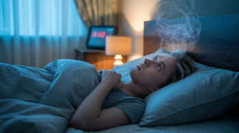 Stress beim Einschlafen –Person liegt nachts wach im Bett und wirkt gestresst – Probleme beim Einschlafen durch Gedanken und Stress