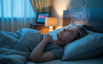 Stress beim Einschlafen –Person liegt nachts wach im Bett und wirkt gestresst – Probleme beim Einschlafen durch Gedanken und Stress