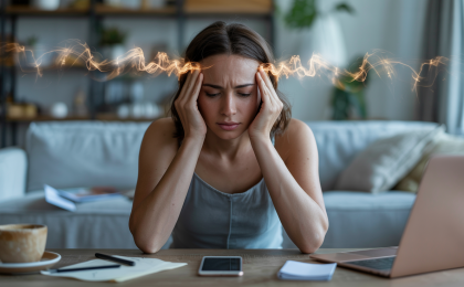 Druck im Kopf durch Stress. Erschöpfte Person sitzt mit den Händen an den Schläfen in einer Wohnung, während visuelle Spannungseffekte um den Kopf Stress und Druckgefühl symbolisieren.