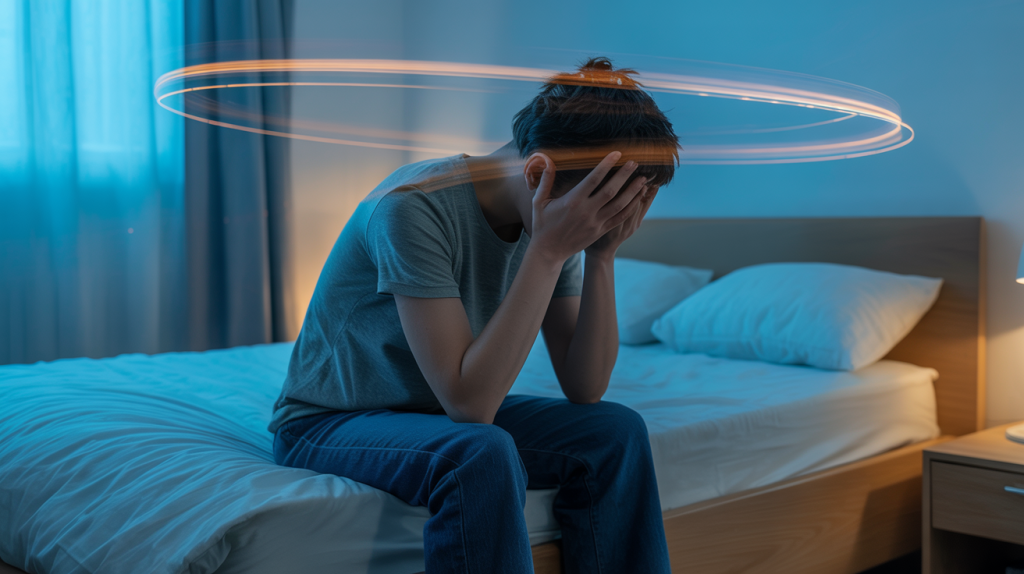 Mein Kopf hört nicht auf zu denken. Erschöpfte Person sitzt nachts auf einem Bett und hält nachdenklich den Kopf, während Lichtspuren das Gefühl von Grübeln und kreisenden Gedanken darstellen.