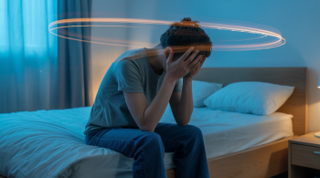 Mein Kopf hört nicht auf zu denken. Erschöpfte Person sitzt nachts auf einem Bett und hält nachdenklich den Kopf, während Lichtspuren das Gefühl von Grübeln und kreisenden Gedanken darstellen.