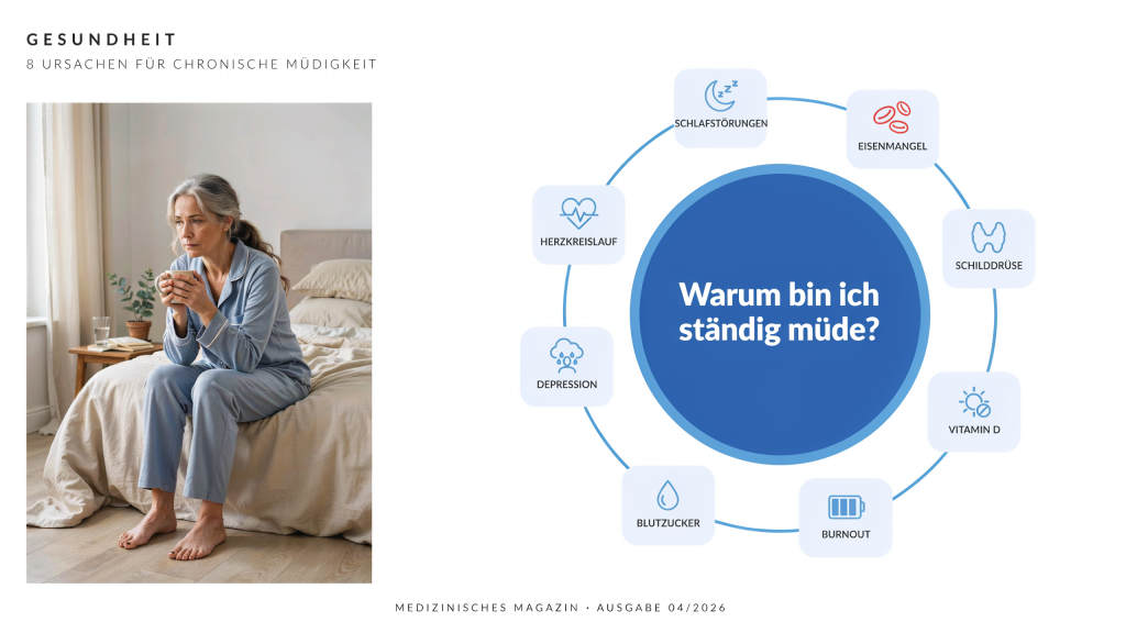 Infografik zeigt die häufigsten Ursachen für ständige Müdigkeit trotz ausreichendem Schlaf.
