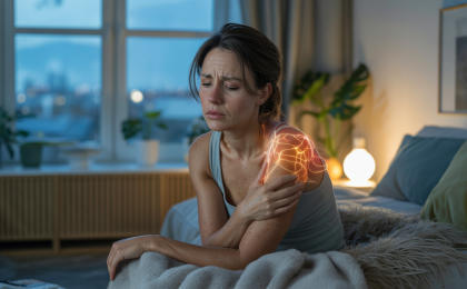 Innerlich unruhig trotz Müdigkeit. Fotorealistische Szene einer müden, innerlich angespannten Frau auf einem Sofa bei warmem Abendlicht in ruhiger Wohnatmosphäre mit beruhigender Stimmung.