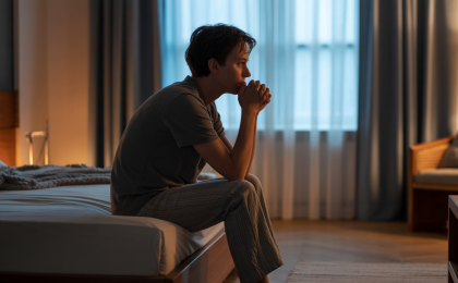 Innerliche Unruhe am Abend. Person liegt abends wach im Bett mit innerlicher Unruhe und kreisenden Gedanken