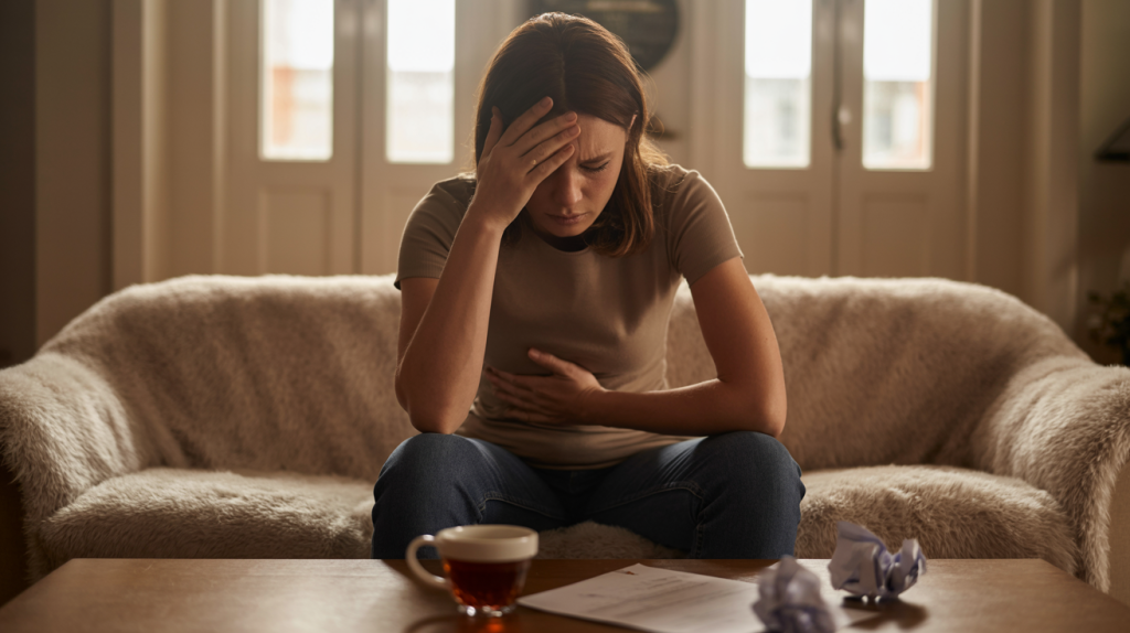 Nervöser Magen durch Stress. Person mit stressbedingten Magenschmerzen sitzt angespannt auf einem Sofa und hält sich den Bauch.
