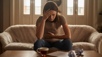 Nervöser Magen durch Stress. Person mit stressbedingten Magenschmerzen sitzt angespannt auf einem Sofa und hält sich den Bauch.