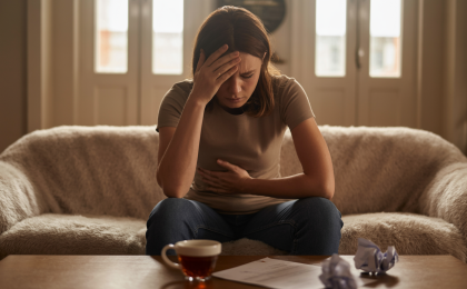 Nervöser Magen durch Stress. Person mit stressbedingten Magenschmerzen sitzt angespannt auf einem Sofa und hält sich den Bauch.