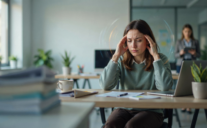 Person mit stressbedingtem Schwindel hält sich die Schläfen, während die Umgebung verschwommen und drehend erscheint – Symbolbild für Schwindel durch Stress und mentale Überlastung.