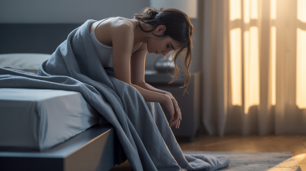 Ständig müde trotz Schlaf. Erschöpfte Frau sitzt morgens müde im Bett trotz ausreichend Schlaf