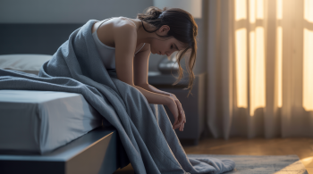 Ständig müde trotz Schlaf. Erschöpfte Frau sitzt morgens müde im Bett trotz ausreichend Schlaf