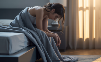 Ständig müde trotz Schlaf. Erschöpfte Frau sitzt morgens müde im Bett trotz ausreichend Schlaf