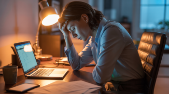 Stress durch Arbeit. Realistische Darstellung einer gestressten Berufstätigen im Homeoffice. Das Motiv verdeutlicht die Auswirkungen von Arbeitsstress, mentale Erschöpfung und die Bedeutung einer gesunden Work-Life-Balance.