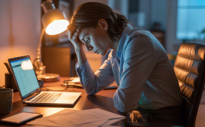 Stress durch Arbeit. Realistische Darstellung einer gestressten Berufstätigen im Homeoffice. Das Motiv verdeutlicht die Auswirkungen von Arbeitsstress, mentale Erschöpfung und die Bedeutung einer gesunden Work-Life-Balance.