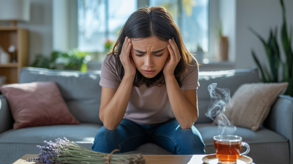 Stressbedingte Kopfschmerzen. Person mit stressbedingten Kopfschmerzen hält sich die Schläfen und sucht Soforthilfe gegen Stress und Spannungsschmerzen