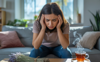 Stressbedingte Kopfschmerzen. Person mit stressbedingten Kopfschmerzen hält sich die Schläfen und sucht Soforthilfe gegen Stress und Spannungsschmerzen