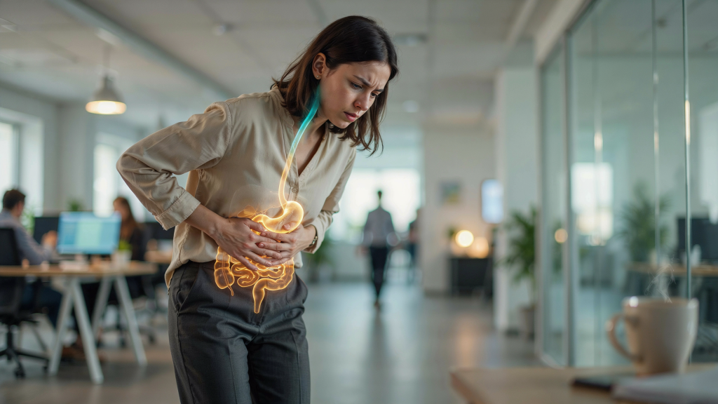 Stressbedingte VerdauungsproblemeGestresste Person hält sich den Bauch, während eine visuelle Verbindung zwischen Gehirn und Verdauungssystem die Auswirkungen von Stress auf Magen und Darm darstellt.