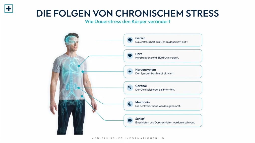 Infografik erklärt die Auswirkungen von Stress auf Gehirn, Herz und Hormone.