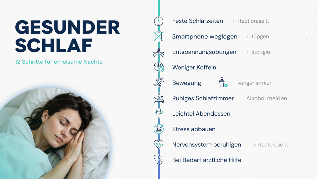 Hybrid-Infografik zeigt den Weg von Stress zu erholsamem Schlaf mit einer Kombination aus Alltagsszene und Symbolen für gesunde Gewohnheiten.