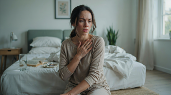 Stress und Atemnot. Person mit stressbedingter Atemnot sitzt angespannt auf einem Bett und versucht tief durchzuatmen.