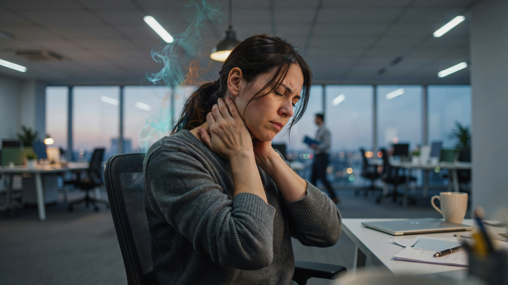 Stress und Muskelverspannungen lösen. Person mit angespannten Nacken- und Schultermuskeln nach einer stressigen Arbeitssituation als Darstellung des Zusammenhangs zwischen Stress und Muskelverspannungen.