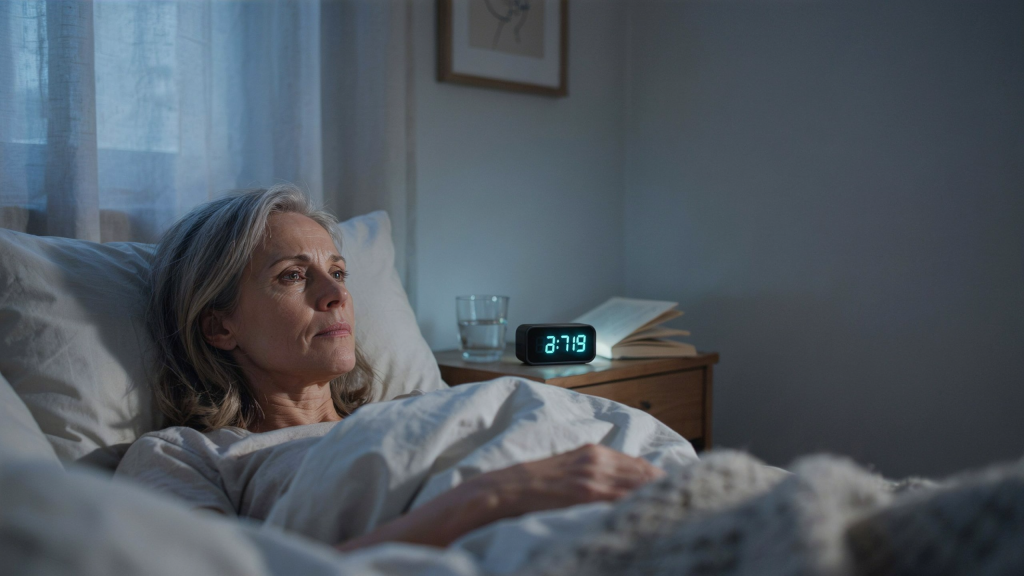 Stress und Schlafstörungen. Europäische Frau liegt nachts wach im Bett und blickt auf einen digitalen Wecker – Sinnbild für stressbedingte Schlafstörungen.