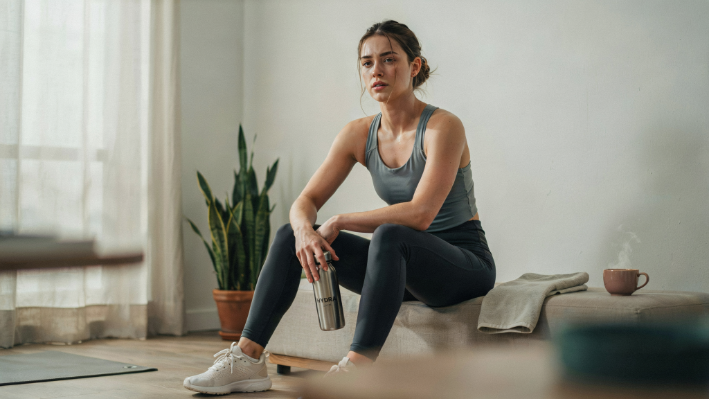 Übertraining oder Stress. Erschöpfter Sportler sitzt nach einem intensiven Training auf dem Boden eines Fitnessstudios und erholt sich.