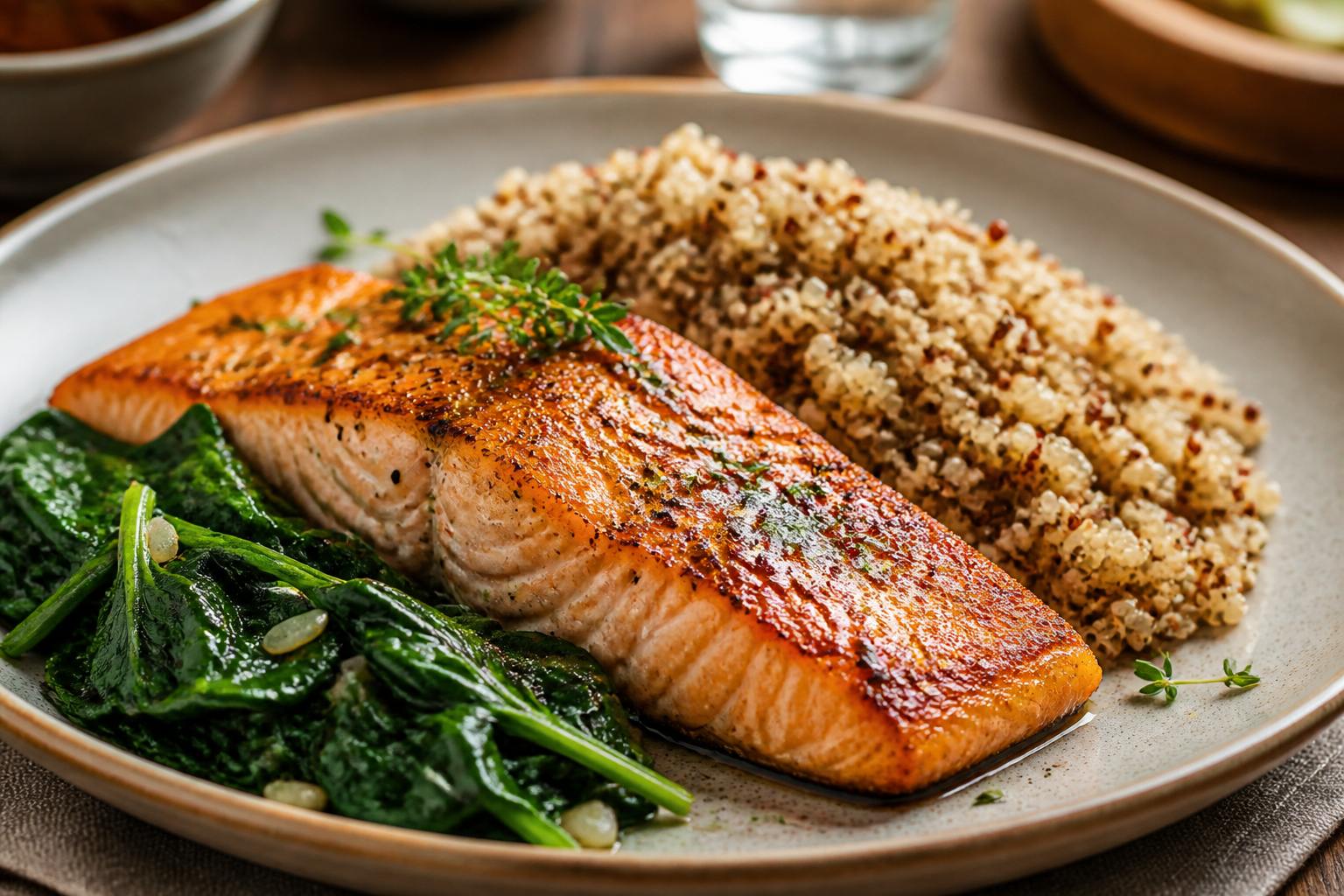 Abnehmen ab 50 ohne Sport: Nährstoffreicher Teller mit Lachs und Spinat zum Schutz der Muskeln