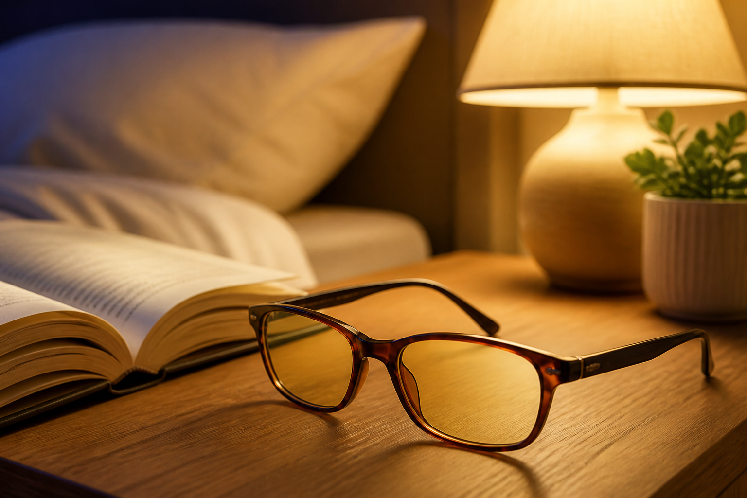 Blaulichtfilter Brille auf einem Nachttisch zur Förderung der natürlichen Melatonin-Produktion