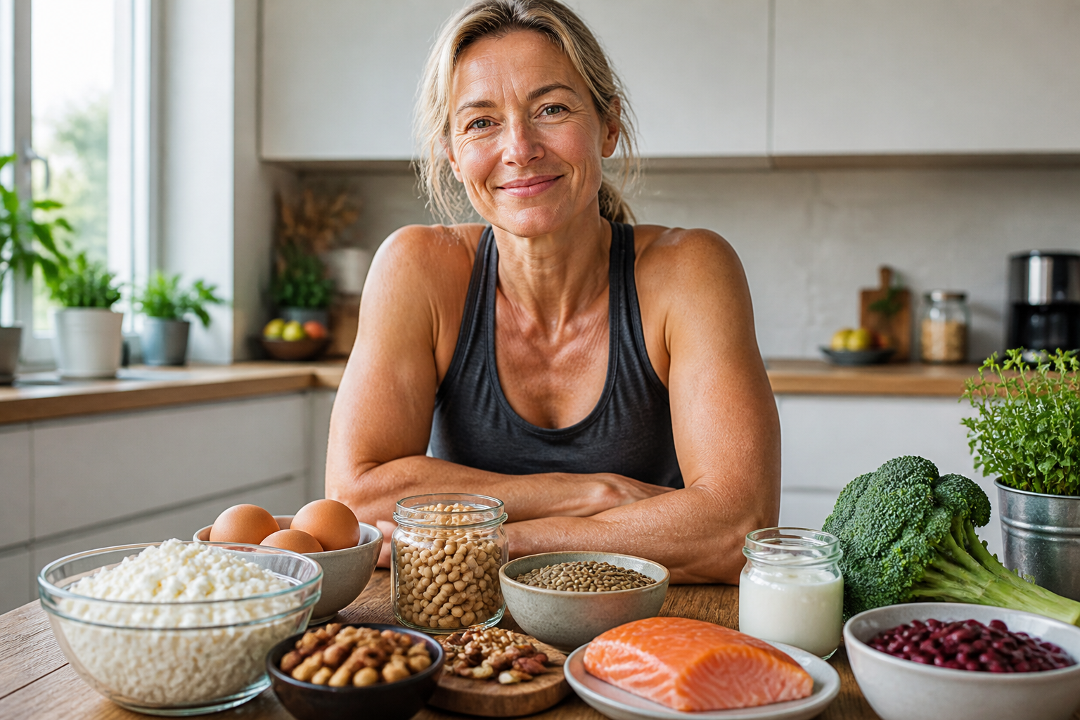 Eine lächelnde, aktive Frau um die 50 in ihrer Küche, umgeben von verschiedenen proteinreichen Lebensmitteln wie Eiern, Quark und Lachs, die ihren Eiweißbedarf ab 50 decken.