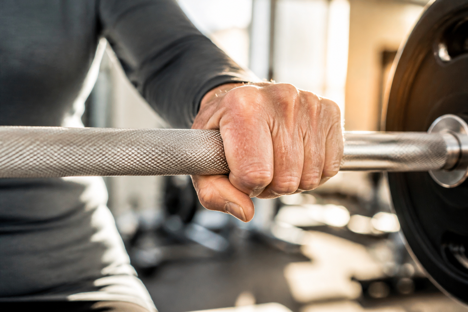 Krafttraining gegen Osteoporose: Sicherer Griff an einer Hantelstange als Zeichen kontrollierten Krafttrainings gegen Osteoporose