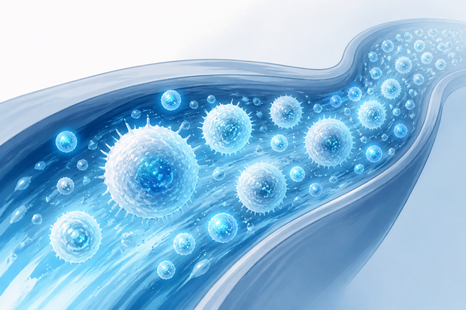 Eisbaden zu Hause Kältetonne: Illustration von aktiven Immunzellen, die durch kühles, fließendes Wasser strömen und die Vorteile der Kälteexposition für das Immunsystem darstellen.