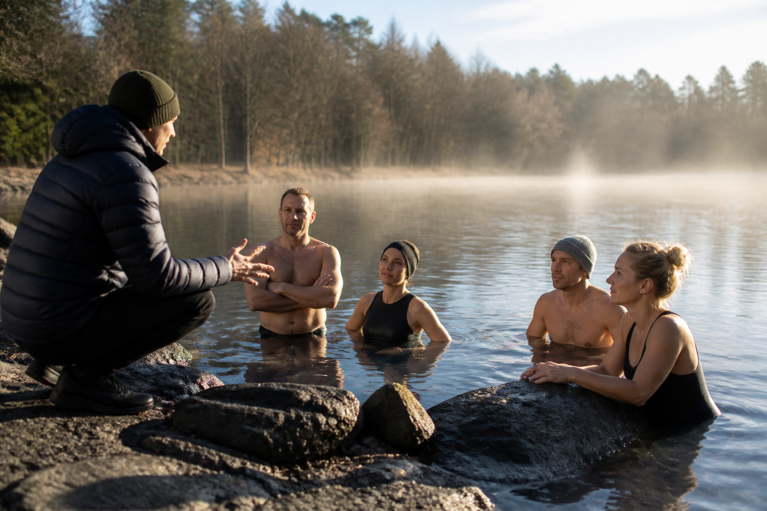Eisbaden zu Hause Kältetonne: Gruppe von Erwachsenen bei einem Kaltwasser-Workshop in einem See, die den Einstieg ins Eisbaden üben.